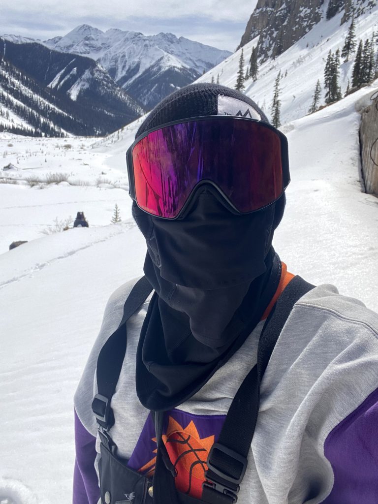 The reviewer of the Anon M4 Toric Goggles wearing the goggles in Silverton, CO. 